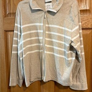 Liz & Co Zip Up Cardigan Beige & White Stripe Sweater Casual Women's 14-16 XL